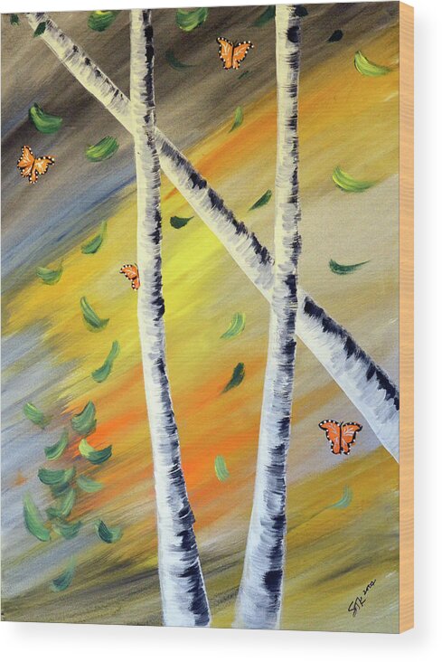 Monarchs And Trees Wood Print featuring the painting Monarchs And Trees by Sarah Tiffany King