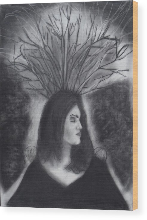 Charcoal Art Wood Print featuring the drawing Mother Earth by Nadija Armusik