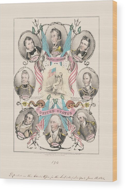 War Of 1812 Wood Print featuring the painting Naval heroes of the United States by Kelloggs & Thayer