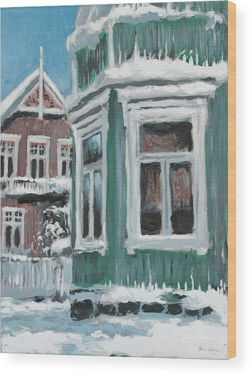 Hans Saele Wood Print featuring the painting Nordic Town Houses - Green House by Hans Egil Saele