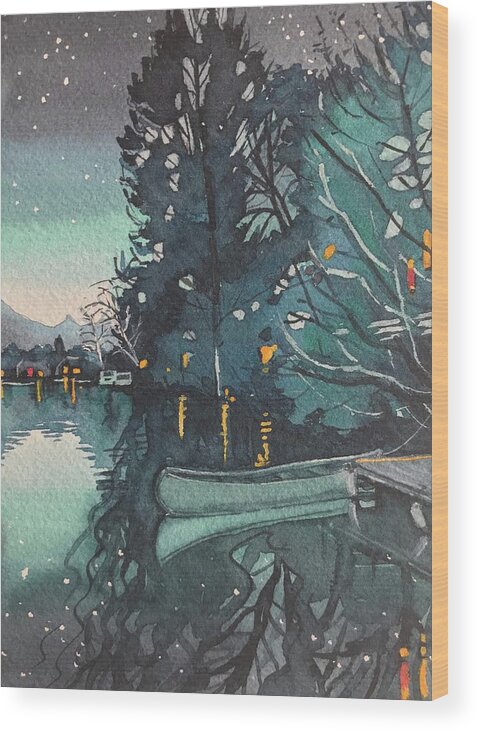 Watercolor Wood Print featuring the painting Blue Evening Light at the Lake by Luisa Millicent