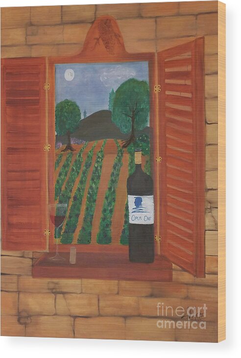 Wine Wood Print featuring the painting Opus One Napa Sonoma by Artist Linda Marie