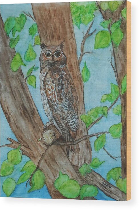 Nature Wood Print featuring the painting Owl in Our Tree by Vallee Johnson