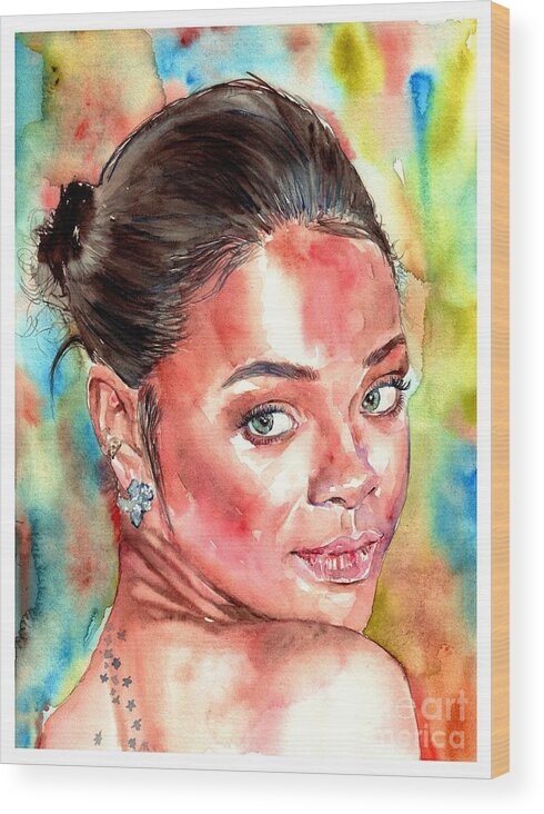 Rihanna Wood Print featuring the painting Rihanna Portrait by Suzann Sines