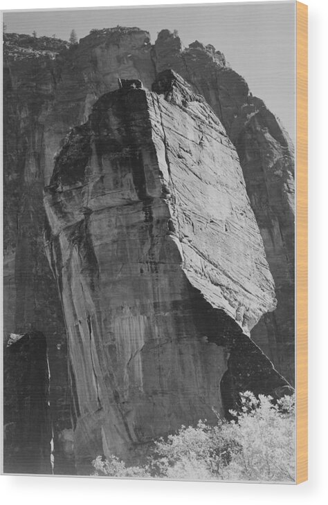 Rock Wood Print featuring the painting Rock formation from below In Zion National Park Utah. (Vertical orientation) 1933 - 1942 by Ansel Adams