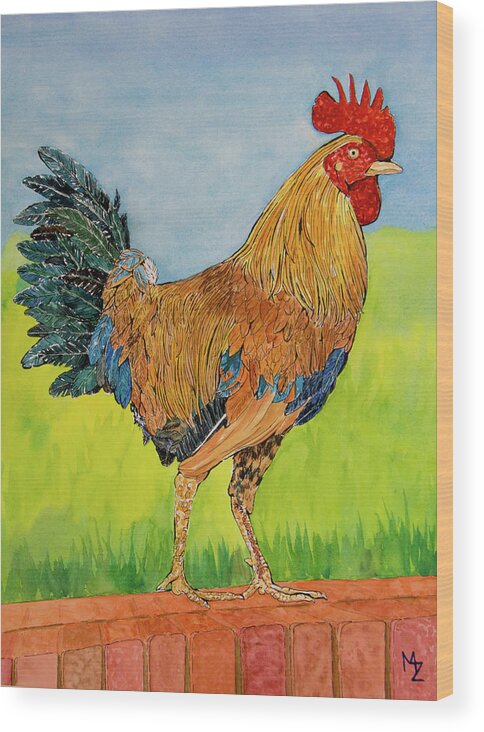 Rooster Wood Print featuring the painting Rooster in Charge by Margaret Zabor