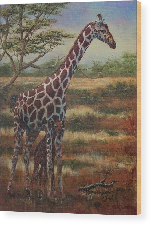 Giraffe Wood Print featuring the painting Safe Haven by Lynne Pittard