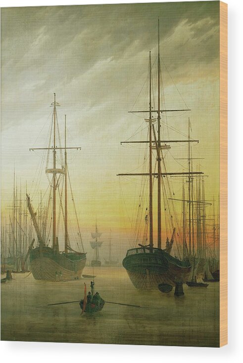 Caspar David Friedrich Wood Print featuring the painting Ships in the harbour. Oil on canvas. by Caspar David Friedrich -1774-1840-