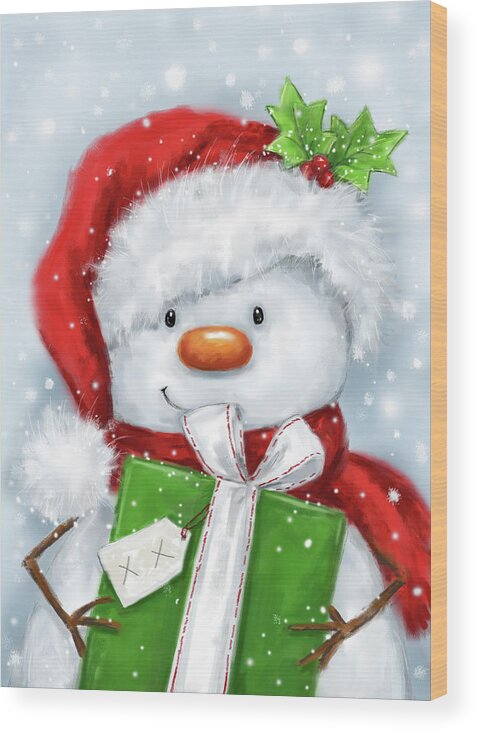 Snowman With Present 3 Wood Print featuring the mixed media Snowman With Present 3 by Makiko