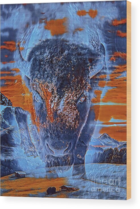 Buffalo Wood Print featuring the mixed media Spirit Of The Buffalo by DB Hayes