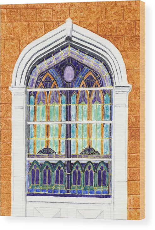 Stained Glass Window Wood Print featuring the painting Stained Glass Window in Church by Conni Schaftenaar