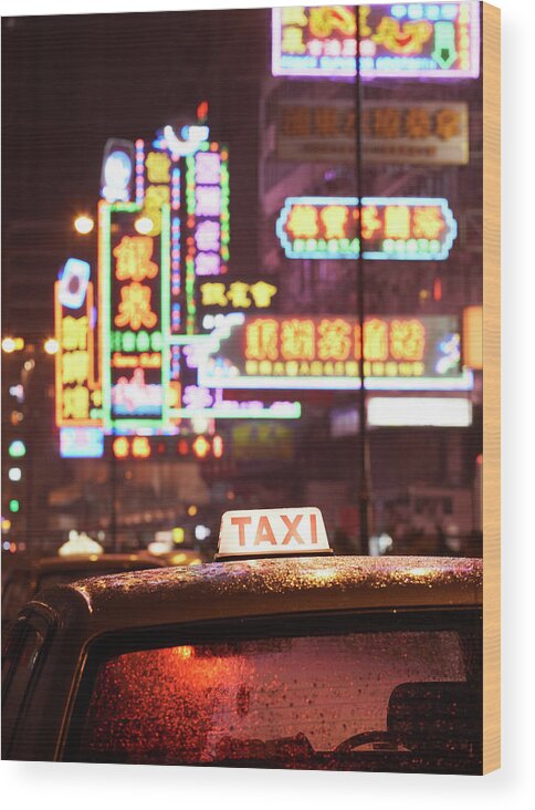 Outdoors Wood Print featuring the photograph Taxi Along Nathan Road At Night by Gary Yeowell