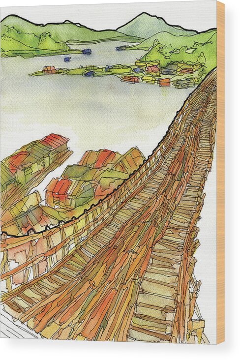 Landscape Wood Print featuring the painting Wooden Bridge of Reverend Auttama, Sangklaburi, Thailand by Craig Macnaughton