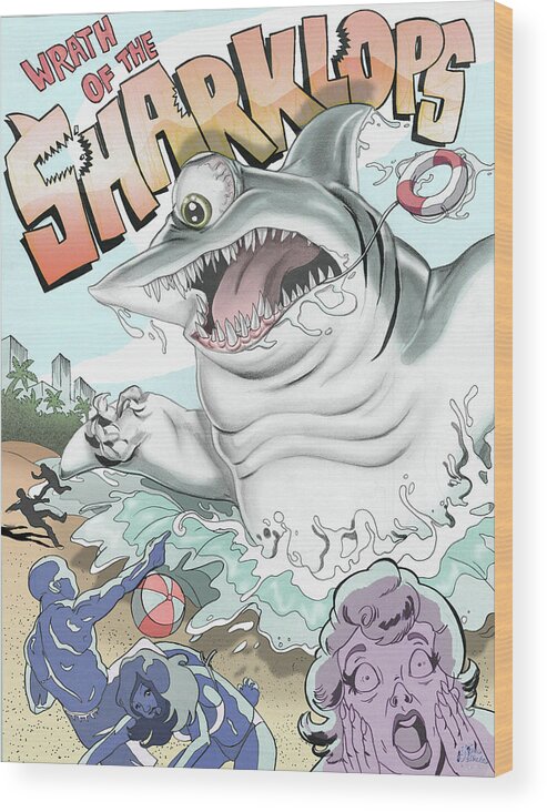 Shark Wood Print featuring the digital art Wrath of the Sharklops by Kynn Peterkin