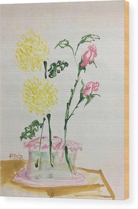 Ricardosart37 Wood Print featuring the painting Yellow Mums and Pink Roses by Ricardo Penalver deceased