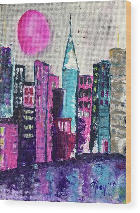 City Wood Print featuring the painting Pink Moon City by Roxy Rich