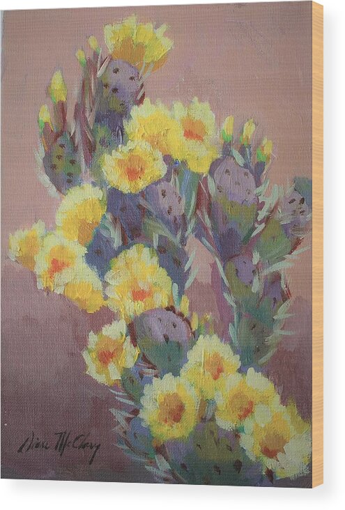 Cactus Wood Print featuring the painting Prickly Pear Cactus in Bloom #1 by Diane McClary