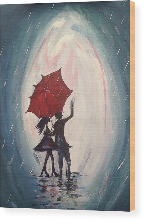 Lovers Wood Print featuring the painting Walking in the Rain by Roxy Rich