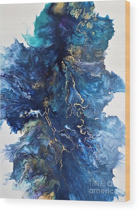 Acrylic Pour Wood Print featuring the painting 24K Gold on Blue by Karen Ann