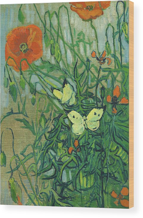 European Wood Print featuring the painting Butterflies and poppies #12 by Vincent van Gogh