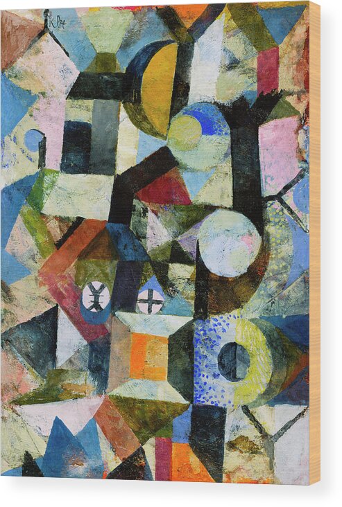 Paul Klee Wood Print featuring the painting Composition with the Yellow Half-Moon and the Y by Paul Klee by Mango Art