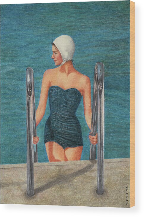 Vintage Swimsuit Wood Print featuring the painting A Refreshing Dip by Valerie Evans