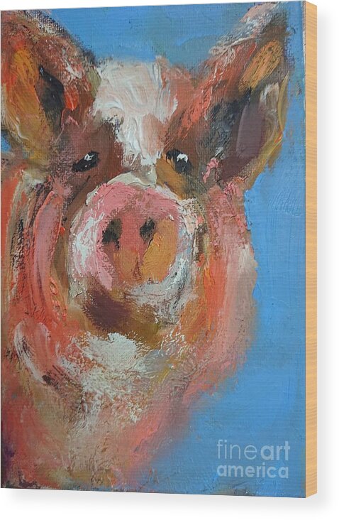 A Vibrant Painting Of A Piglet On Blue Wood Print featuring the painting A vibrant painting of a piglet on blue by Mary Cahalan Lee - aka PIXI