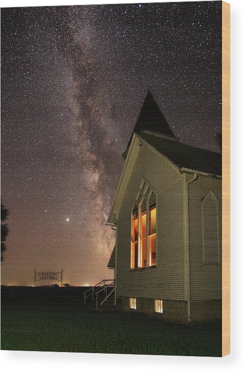 Antiochia Wood Print featuring the photograph Abandoned but Not Forgotten - Antiochia Lutheran Nighscape #2 with milky way by Peter Herman