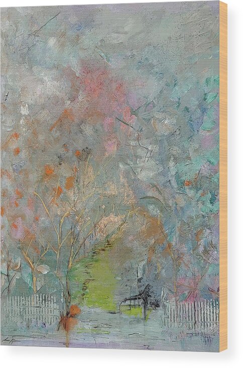 Landscape Wood Print featuring the painting Abstract Landscape with Fence by Lisa Kaiser