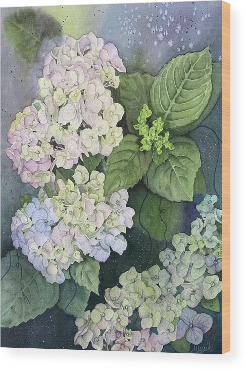 Hydrangea Wood Print featuring the painting First Blush by Kelly Miyuki Kimura