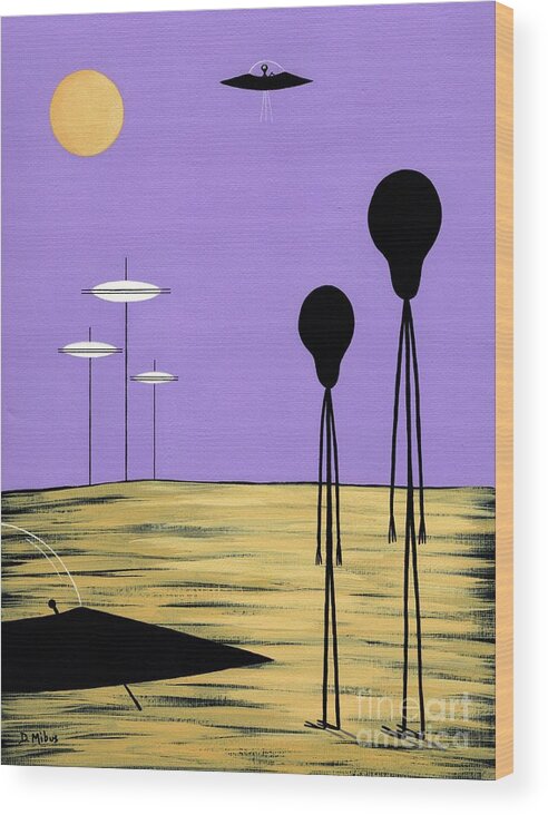 Retro Wood Print featuring the painting Aliens Yellow Planet Purple Sky by Donna Mibus
