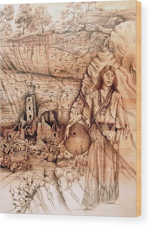 Anasazi Wood Print featuring the drawing Anasazi Maiden by Pamela Kirkham