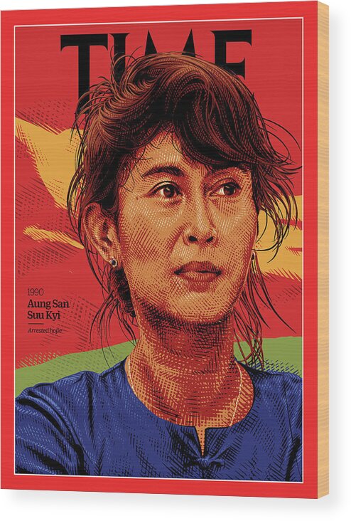 Time Wood Print featuring the photograph Anna San Suu Kyi, 1990 by Illustration by Tracie Ching for TIME