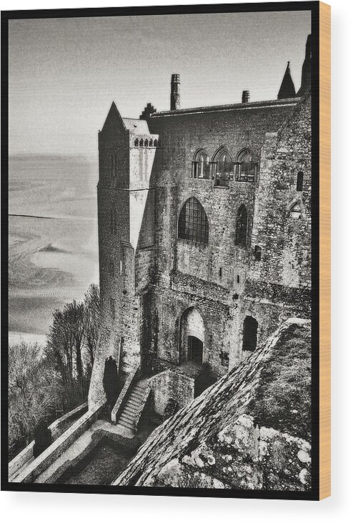 Atop Mont Saint Michel In Grayscale Wood Print featuring the photograph Atop Mont Saint Michel in Grayscale by Susan Maxwell Schmidt