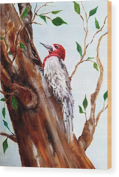 Bird Wood Print featuring the painting Backyard Woodpecker by Roseanne Schellenberger