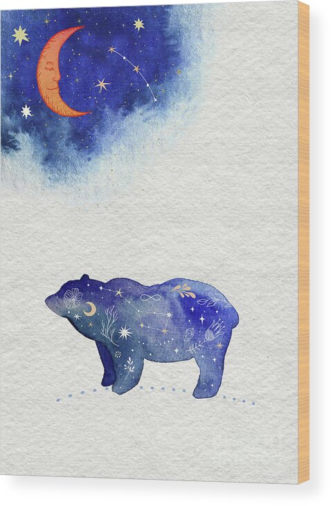Bear And Moon Wood Print featuring the painting Bear And Moon by Garden Of Delights