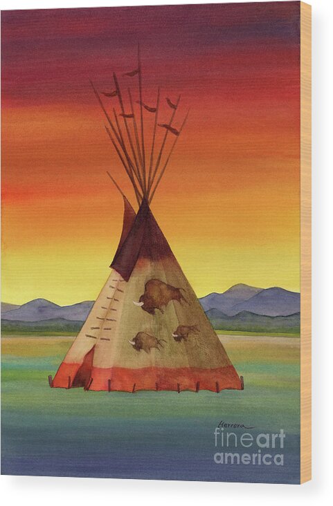 Tipi Wood Print featuring the painting Bison Tepee 2 by Hailey E Herrera