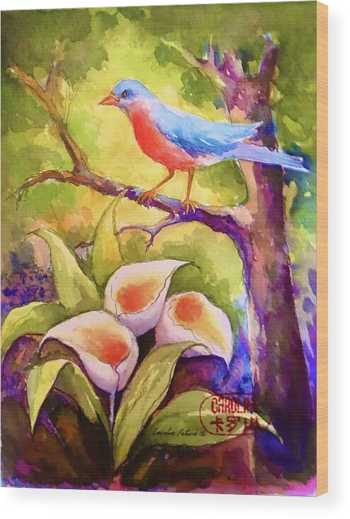 Blue Bird Speaking Wood Print featuring the painting Blue Bird whispers by Caroline Patrick