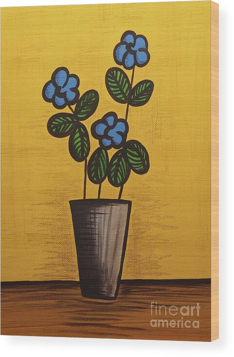 Mid Century Modern Wood Print featuring the mixed media Blue Flower Still Life Painting by Donna Mibus