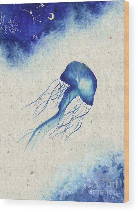 Blue Jellyfish Wood Print featuring the painting Blue Jellyfish by Garden Of Delights