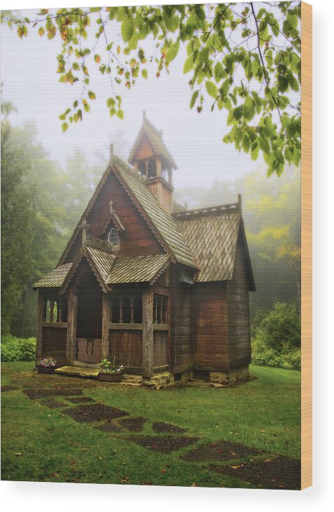 Chapel Wood Print featuring the photograph Boynton Norwegian Chapel on a foggy morning - Door County WI by Peter Herman