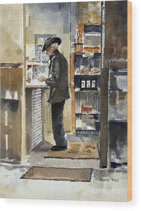An Elderly Gentleman Pays For His Early Morning Breakfast At The Grain Bin Restaurant In Chanute Wood Print featuring the painting Breakfast Tab by Monte Toon