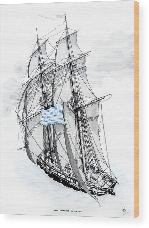 Historic Vessels Wood Print featuring the drawing Brig sailing on a tailwind by Panagiotis Mastrantonis