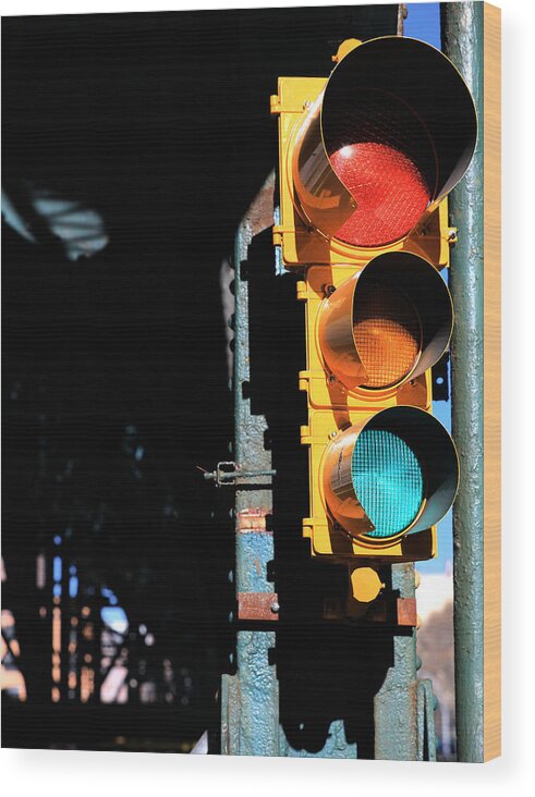 Traffic Signal Wood Print featuring the photograph Broadway Traffic Signal under Manhattan Valley 1 Train Viaduct by Steve Ember
