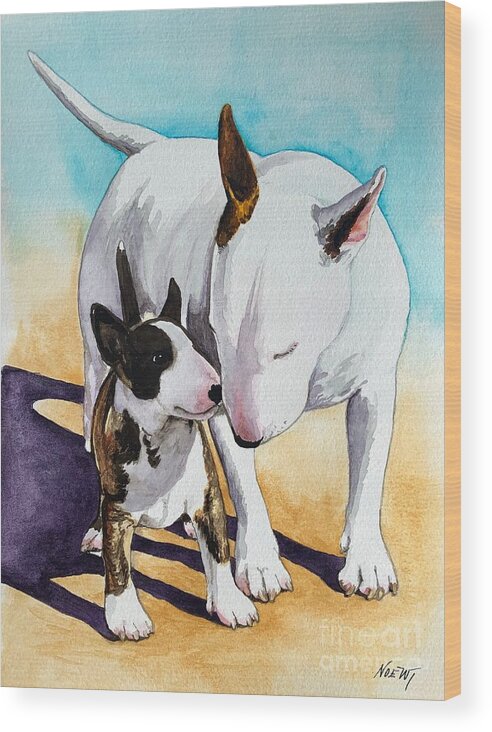 Bull Terrier Wood Print featuring the painting Bull Terrier Mom and her Son by Jindra Noewi