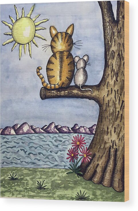 Childrens Art Wood Print featuring the painting Cat Mouse Sun by Christina Wedberg