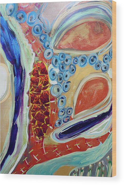 Mixed Media Wood Print featuring the mixed media Cellular Rebirth Abstract With Orange Glass Shards by Debra Amerson