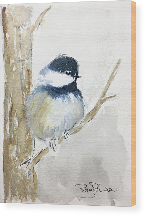 Chickadee Wood Print featuring the painting Chickadee in a Tree by Roxy Rich