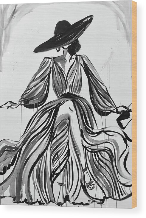 Fashion Glamour Black And White Dress Met Gala Derby Acrylic Painting Women Woman Empowerment Abstract Modern Wood Print featuring the painting Chloe by Meredith Palmer