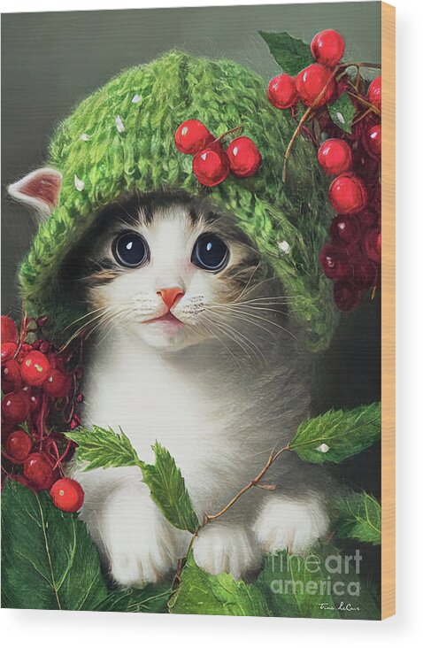 Christmas Wood Print featuring the painting Christmas Kitten by Tina LeCour